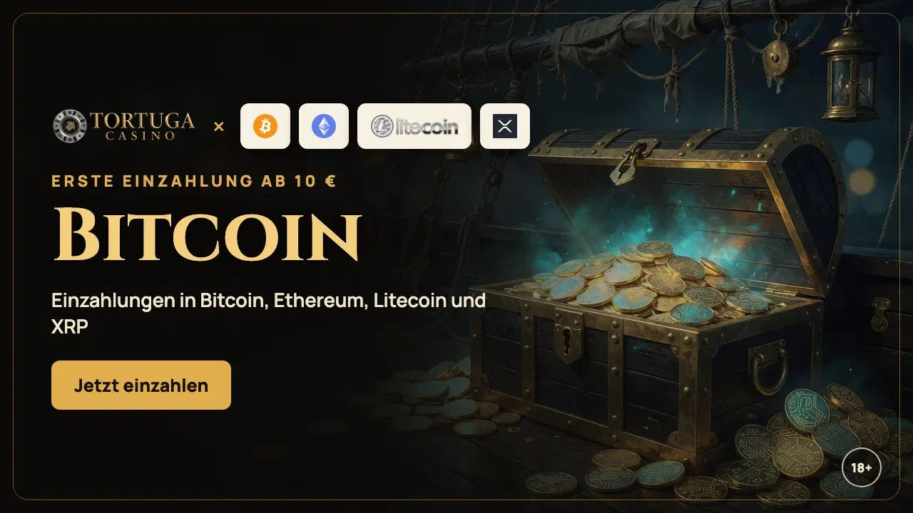 Bitcoin und Krypto im Tortuga Casino: Einzahlung in BTC, ETH, LTC und XRP, die erste ab 10 €