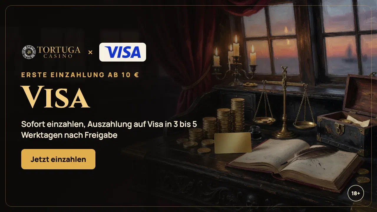 Visa-Karte im Tortuga Casino mit dem Hinweis auf die erste Einzahlung ab 10 €