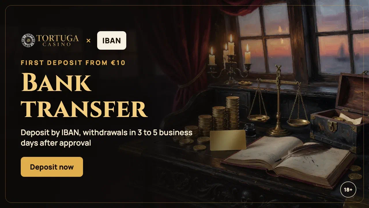 Bank building and IBAN transfer on a Tortuga Casino banner with first deposit from €10