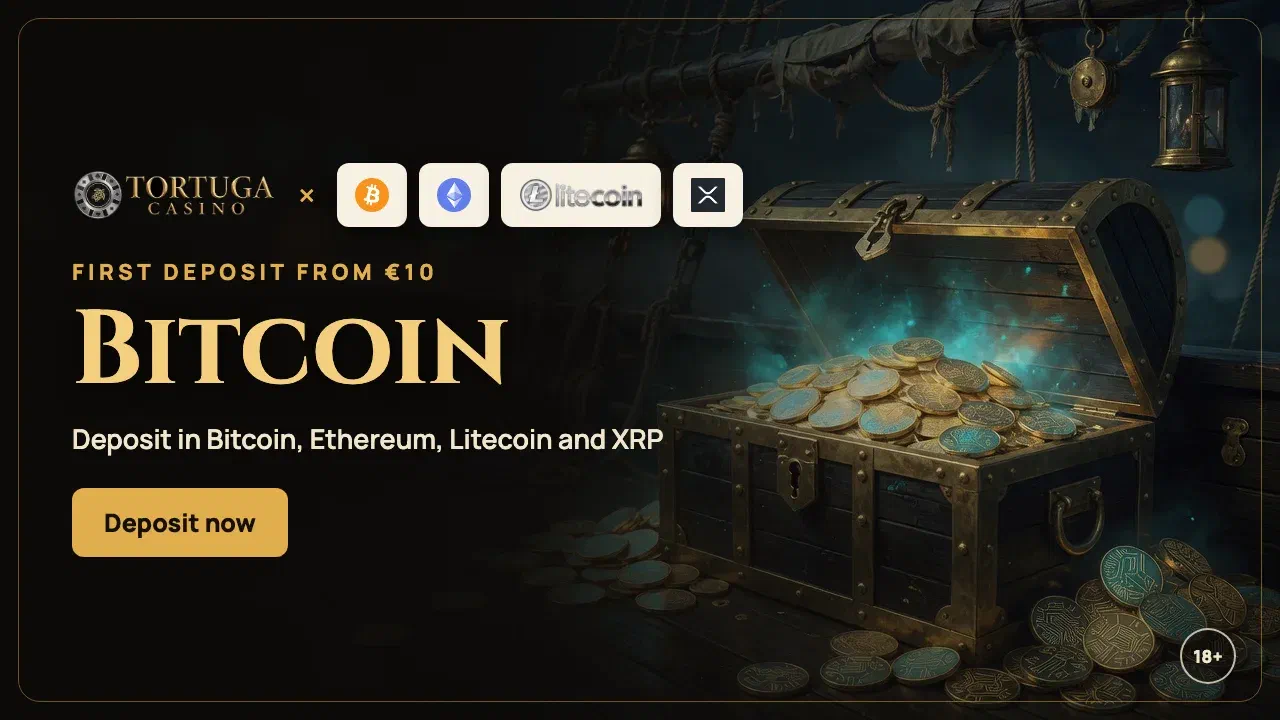Bitcoin coin with Ethereum, Litecoin and XRP on a Tortuga Casino banner, deposits from €10