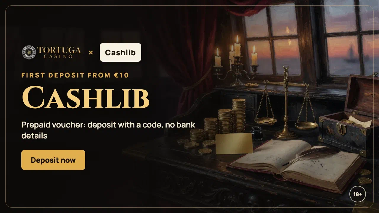 Cashlib prepaid voucher on a Tortuga Casino banner with deposits from €10 and no bank details