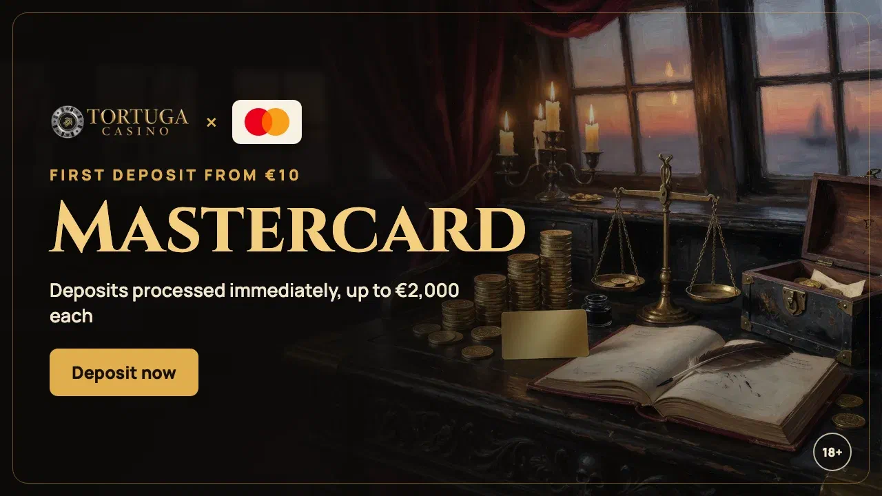 Mastercard logo on a Tortuga Casino pirate banner with instant deposits from €10