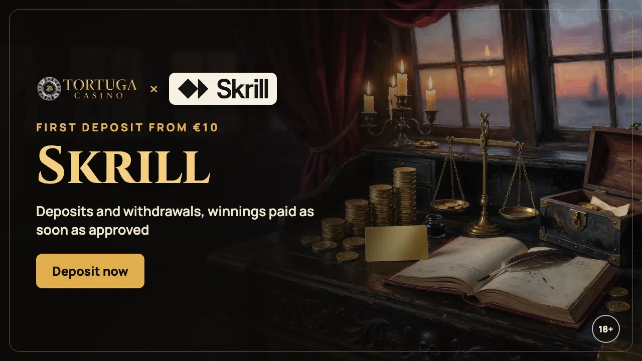 Skrill e-wallet on a Tortuga Casino banner with instant payouts after approval