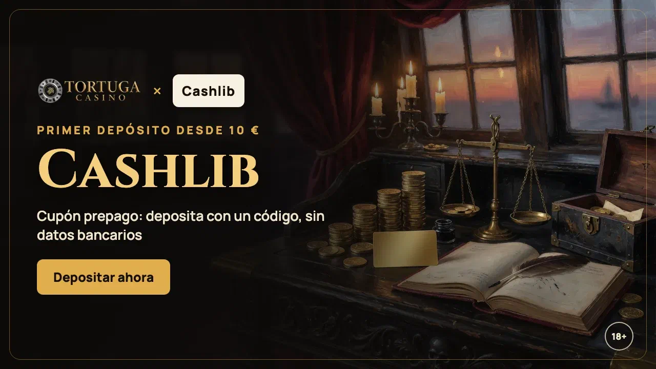 Cashlib en Tortuga Casino: deposita desde 10 € con un cupón prepago, sin datos bancarios