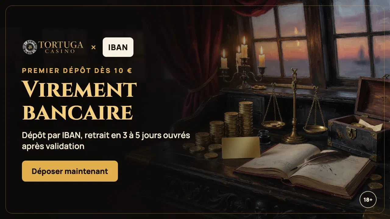 Bannière Tortuga Casino : dépôt par virement bancaire IBAN dès 10 €