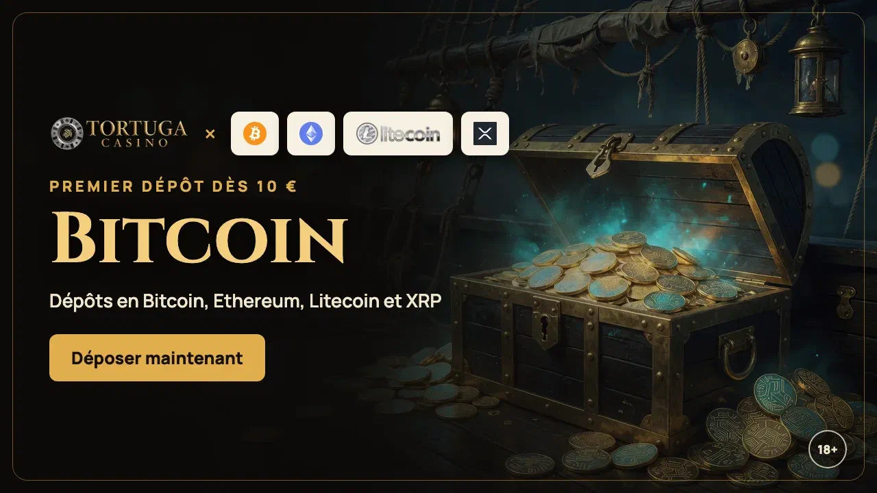 Bannière Tortuga Casino : dépôt en Bitcoin, Ethereum, Litecoin et XRP dès 10 €