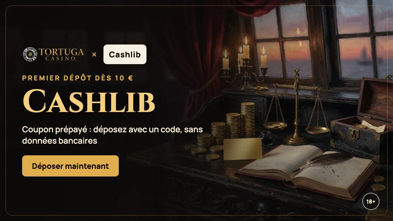 Bannière Tortuga Casino : dépôt avec un ticket Cashlib dès 10 €, sans carte bancaire