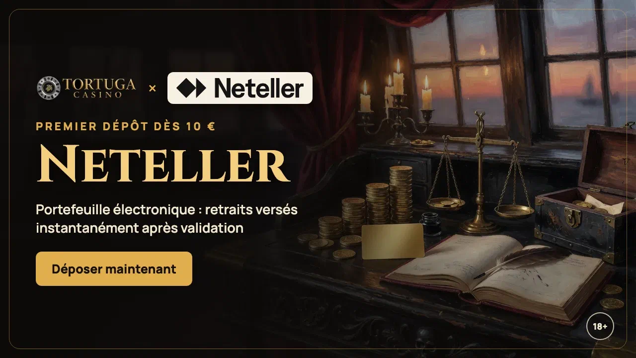 Bannière Tortuga Casino : dépôt Neteller dès 10 € et retraits immédiats après validation