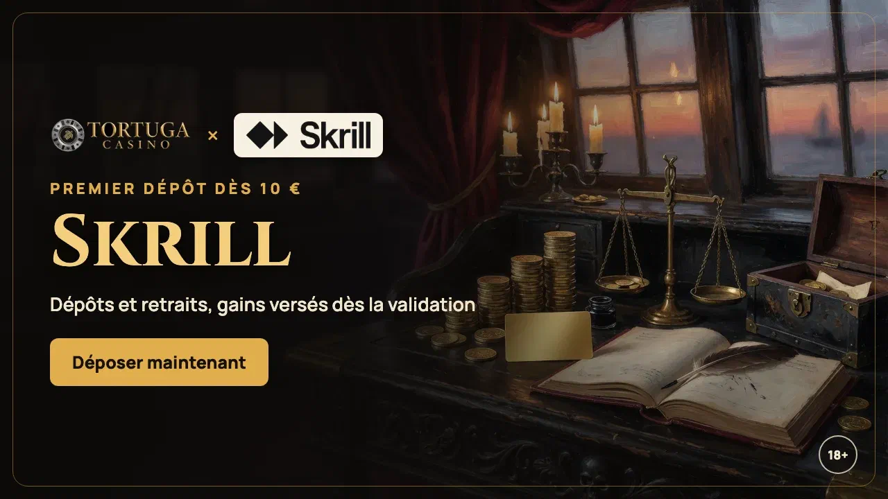 Bannière Tortuga Casino : dépôt Skrill dès 10 € et gains versés après validation