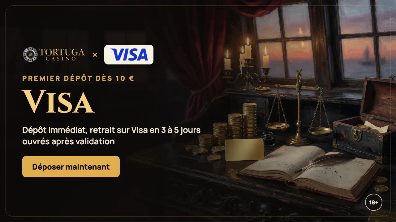 Bannière Tortuga Casino : dépôt par carte Visa dès 10 €, crédité immédiatement