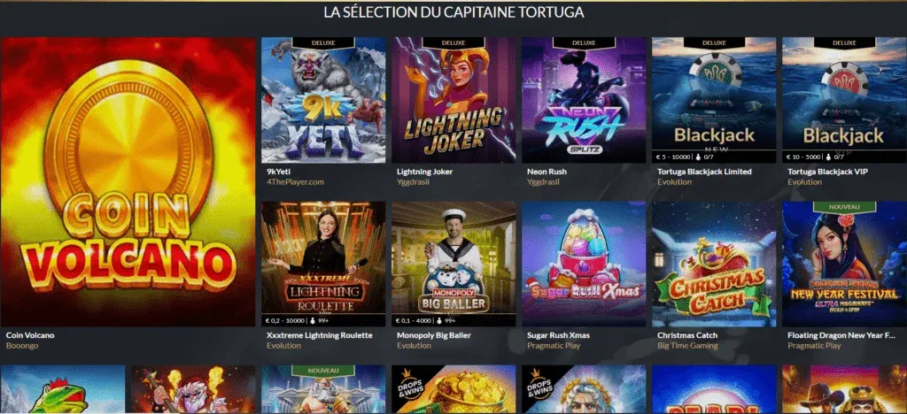 La sélection du capitaine Tortuga : machines à sous, blackjack et jeux live