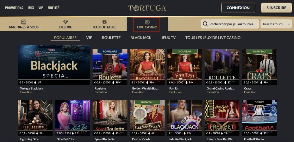 Casino en direct Tortuga : blackjack, roulette, baccarat, Fan Tan et Craps