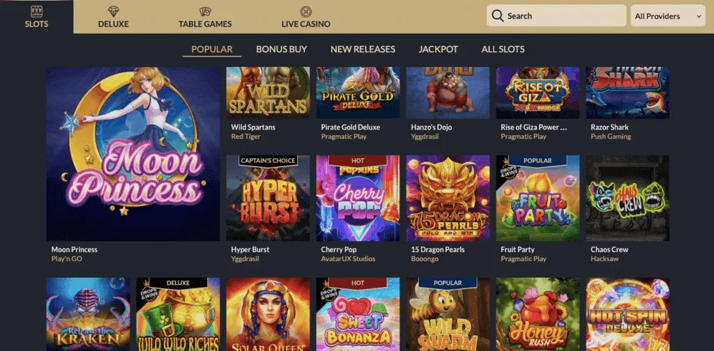Lobby des machines à sous Tortuga Casino : Populaire, Bonus Buy, Nouveautés et Jackpot