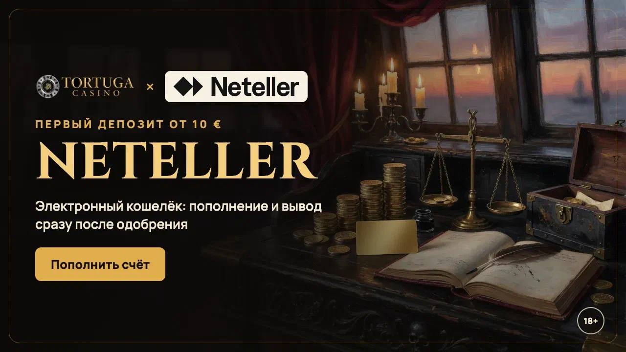 Баннер Neteller в Tortuga Casino: пополнение от 10 € и быстрый вывод
